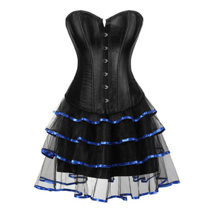 Women Gothic Burlesque Corset Dress Sexy Satin Overbust Corset Bustier Top With Striped Mini Tutu Skirt Set Vintage Lingerie