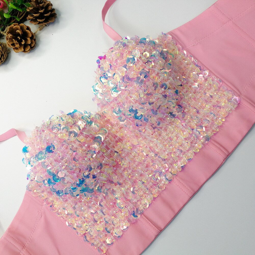 Sexy Beads Sequins Women Crop Tops Camis Cropped in Bra Party Spaghetti Strap Corset With Cups Push Up Bustier