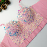 Sexy Beads Sequins Women Crop Tops Camis Cropped in Bra Party Spaghetti Strap Corset With Cups Push Up Bustier