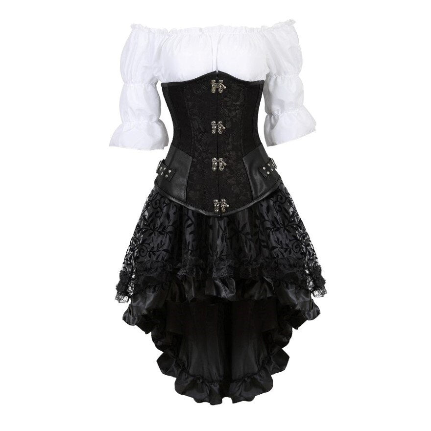 Gothic Skirt Set Underbust Corset Asymmetrical Floral Lace Skirt with Renaissance Blouse Three-Pieces Outfits Plus Size