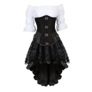 Gothic Skirt Set Underbust Corset Asymmetrical Floral Lace Skirt with Renaissance Blouse Three-Pieces Outfits Plus Size