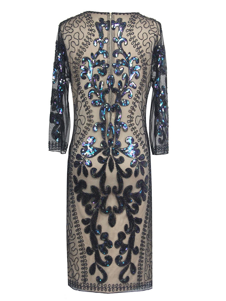 O Neck Formal Half Sleeve Women 1920s Vintage Gowns Tea Length Sequins Tulle Evening Dress