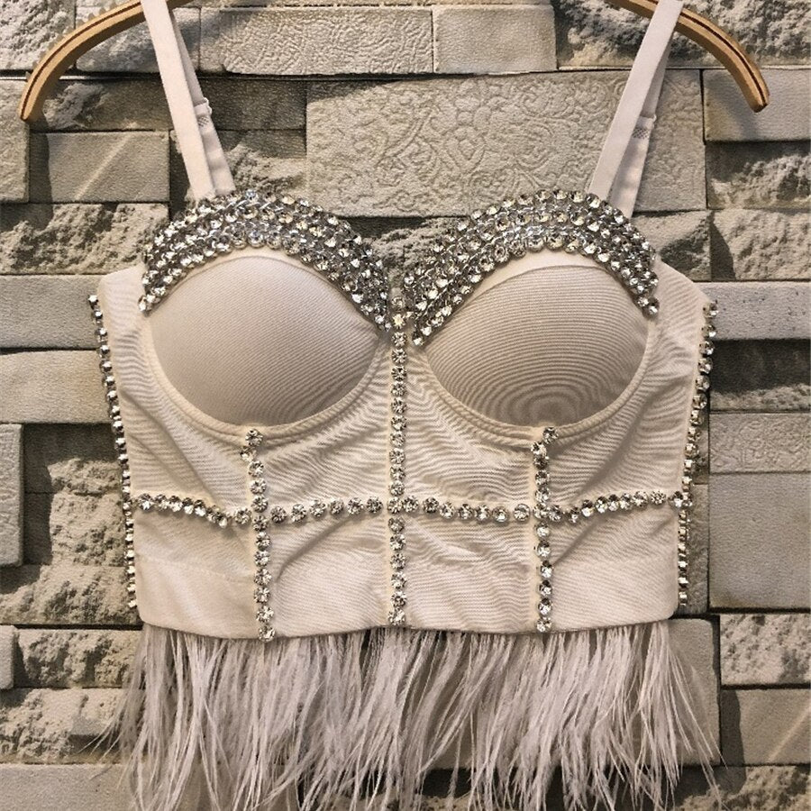 Rhinestone Crop Top With Cups Mesh Tassel Women Nightclub Show Sexy Push Up Bralette Bra Corset Slim Clothes
