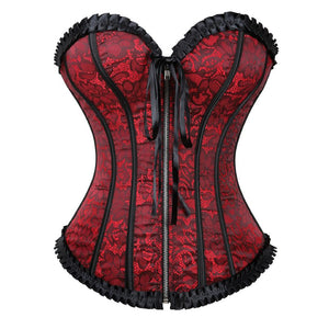 Women Sexy Floral Zipper Overbust Corset  Waist Cincher Slim Lace Up Fashion Jacquard Brocade Corset Bustier Lingerie Top