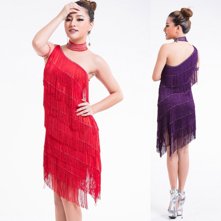 1920s Gatsby Flapper Sexy One Shoulder Tiered Fringe Dress Irregular Tassel Hem Latin Dance Dress Party Dancewear