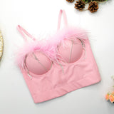 Autumn Feather Rhinestones Women Corset Camis Cropped Sexy Party Push Up Bustier Crop Top With Cups To Wear Out