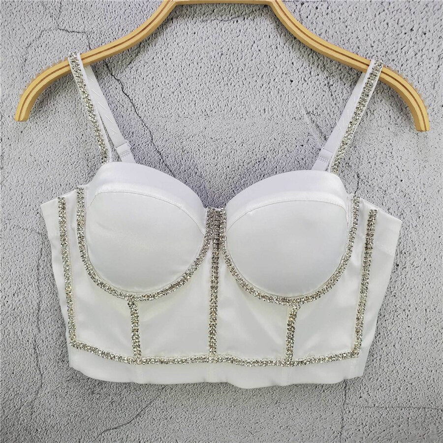 Camis Tops With Built In Bra Short Party Sleeveless Sexy Rhinestone Crop Top Women Harajuku Push Up Chest