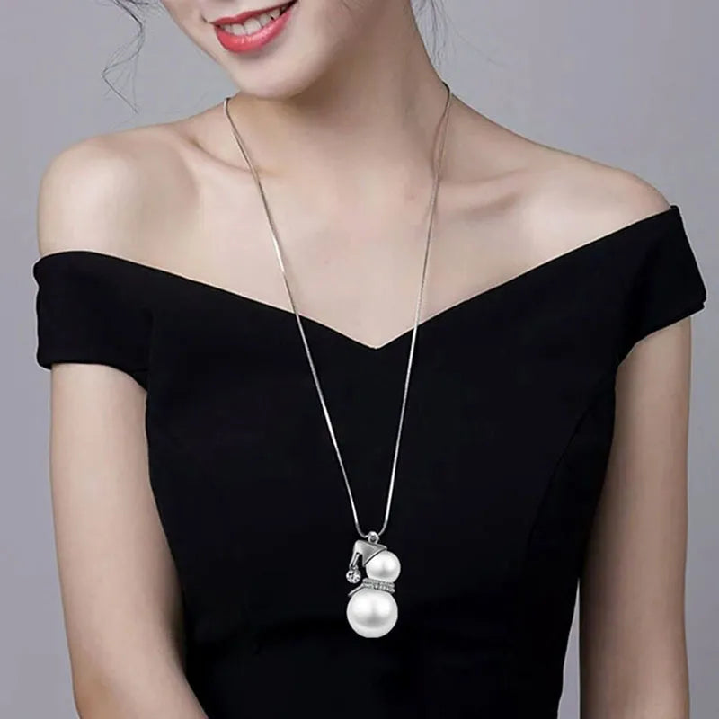 Cute Snowman Pendant Long Necklace Women Gold Color Pearl Jewelry Wedding Jewelry Santa Claus Christmas Gifts