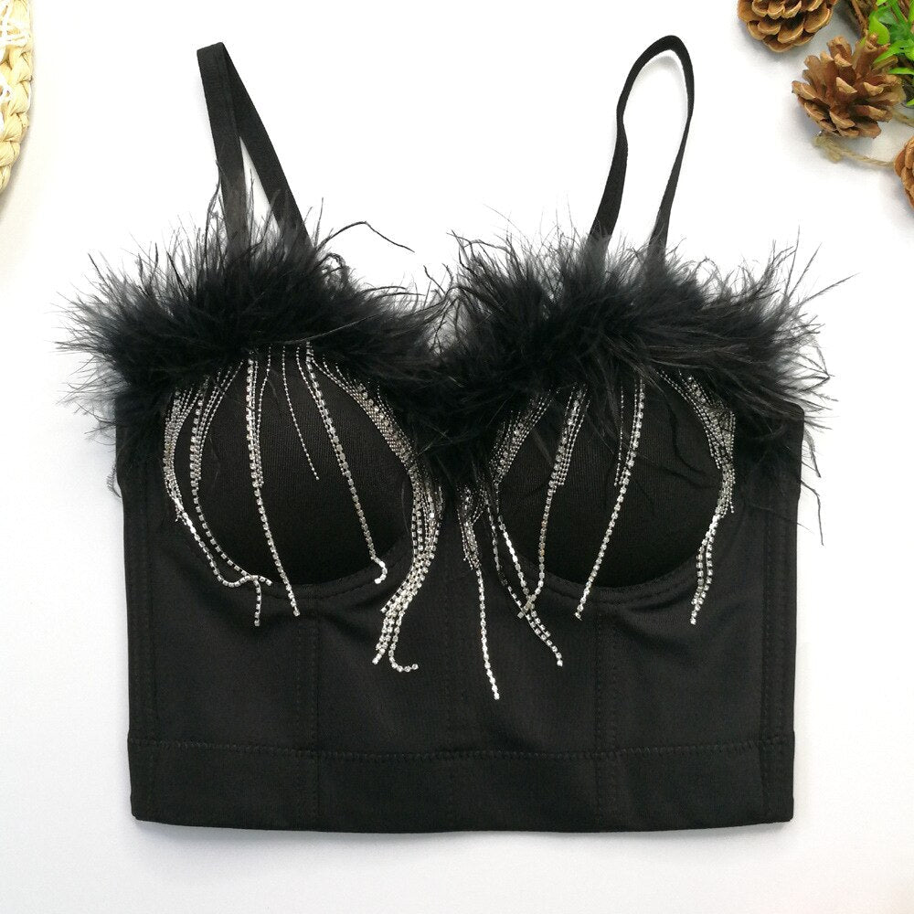 Autumn Feather Rhinestones Women Corset Camis Cropped Sexy Party Push Up Bustier Crop Top With Cups To Wear Out