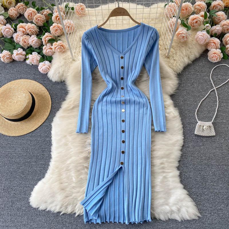 V Neck Long Sleeve Knitted Sweater Dress Winter Front Button Elegant Sexy Bodycon Midi Dress