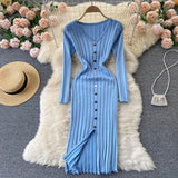 V Neck Long Sleeve Knitted Sweater Dress Winter Front Button Elegant Sexy Bodycon Midi Dress