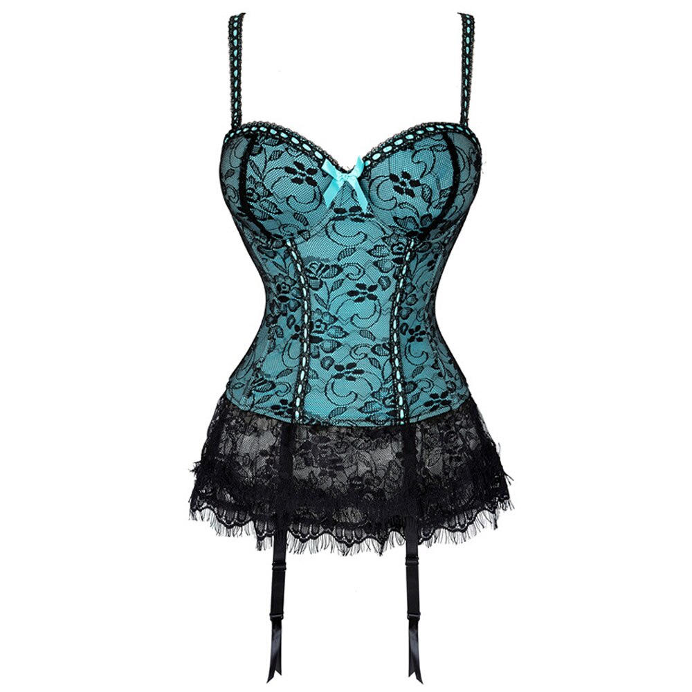 Floral Print Lace Mesh Spaghetti Straps Boned Overbust Bustier Waist Cincher Corset Bra Top Lingerie Party Dress