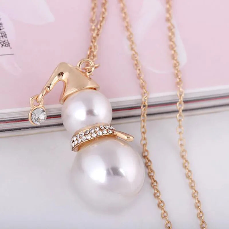 Cute Snowman Pendant Long Necklace Women Gold Color Pearl Jewelry Wedding Jewelry Santa Claus Christmas Gifts