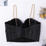 Camis Tops PU Leather Metal Chain Camisole Sexy Black Crop Top Women With Built In Bra Push Up Bralette