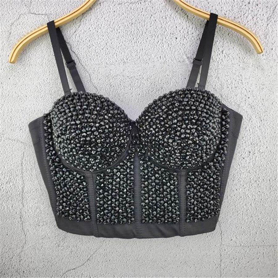 Acrylic Beads Shine Nightclub Party Tube Top With Built In Bra Push Up Bralette Crop Top Women Camis Tops