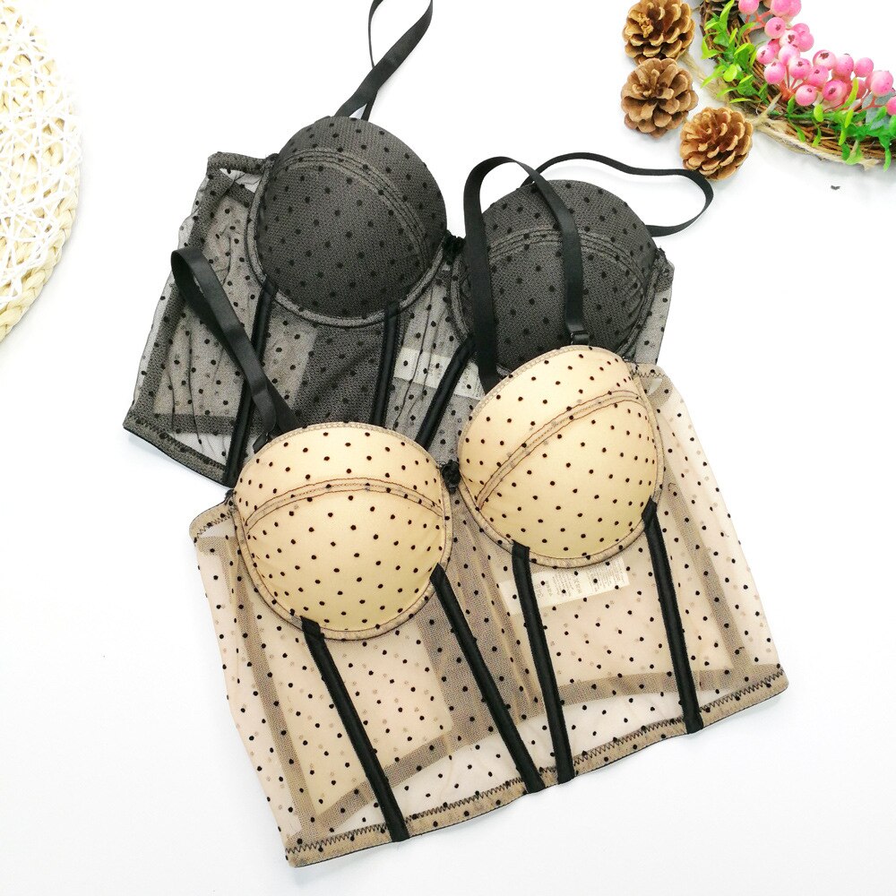 Polka Dot Lace Mesh Summer Short Sexy Corset Nightclub Party Women Camis Built In Bra Cropped Girls Crop Top