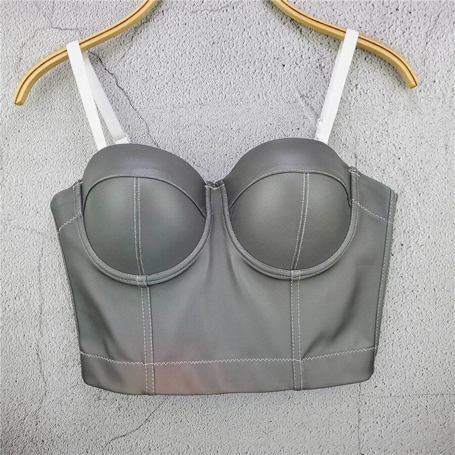 New PU Leather Winter Crop Top To Wear Out Sleeveless Top Corset Sexy Show Bra Push Up Bustier Tops