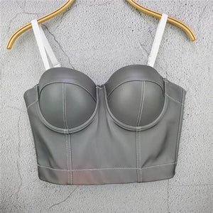 New PU Leather Winter Crop Top To Wear Out Sleeveless Top Corset Sexy Show Bra Push Up Bustier Tops