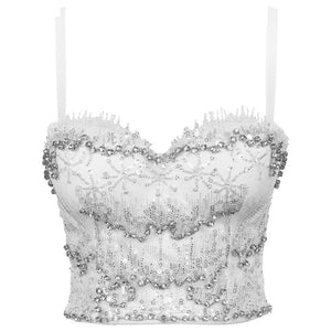Sequins Bodice Girls Summer Top Sleeveless Short Sexy Push Up Crop Top Off Shoulder Party Camis With Built In Bra