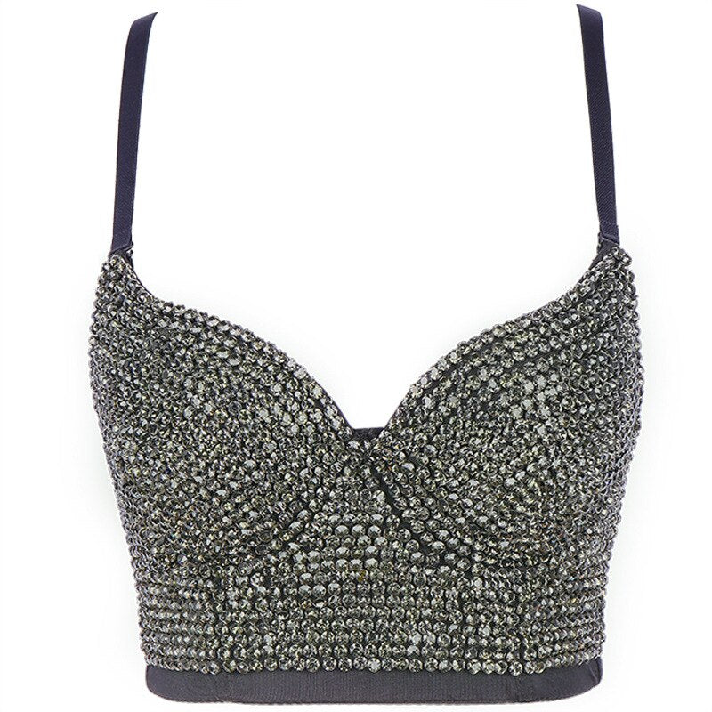Rhinestone Sexy Top Nightclub Shines Crop Top Women Off Shoulder Camis Tops With Built In Bra Push Up Bralette