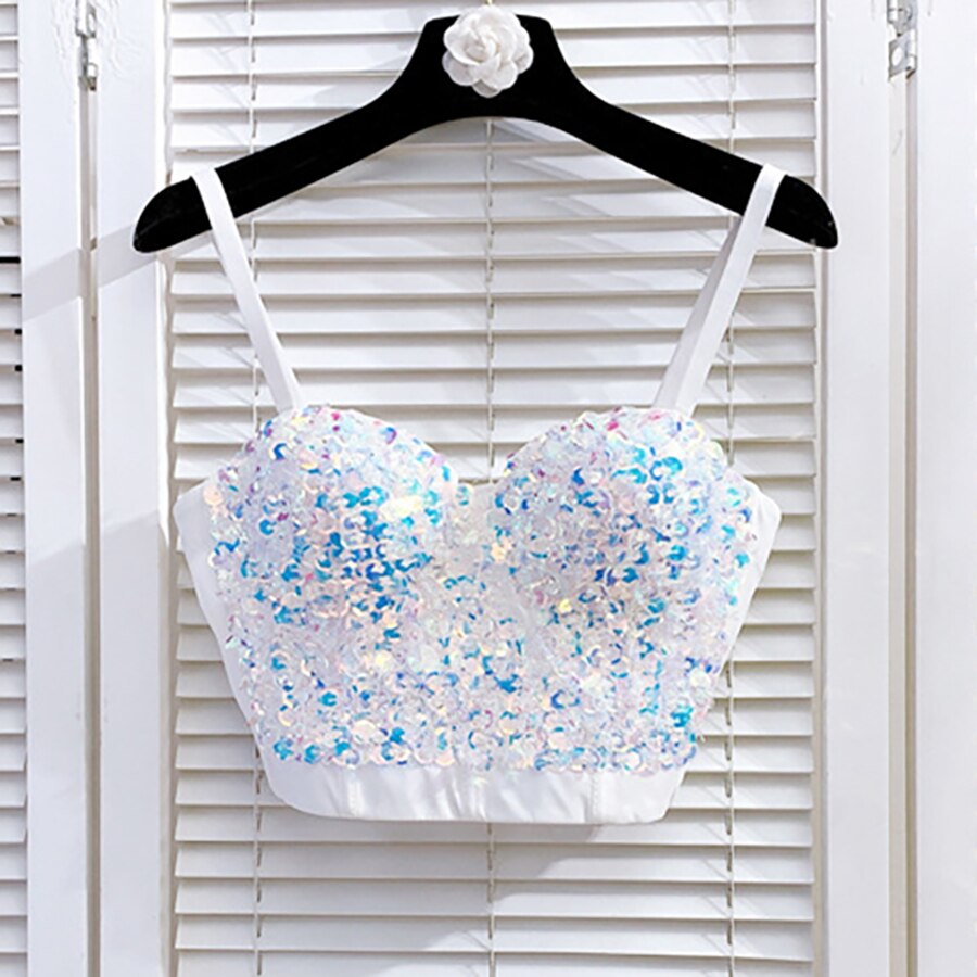Crop Tops With Built In Bra Cami Sequins Shiny Underwear Push Up Chest Short Nightclub Sexy Show Clothes