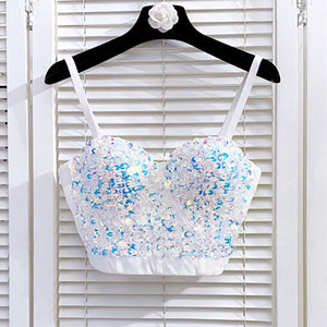 Crop Tops With Built In Bra Cami Sequins Shiny Underwear Push Up Chest Short Nightclub Sexy Show Clothes