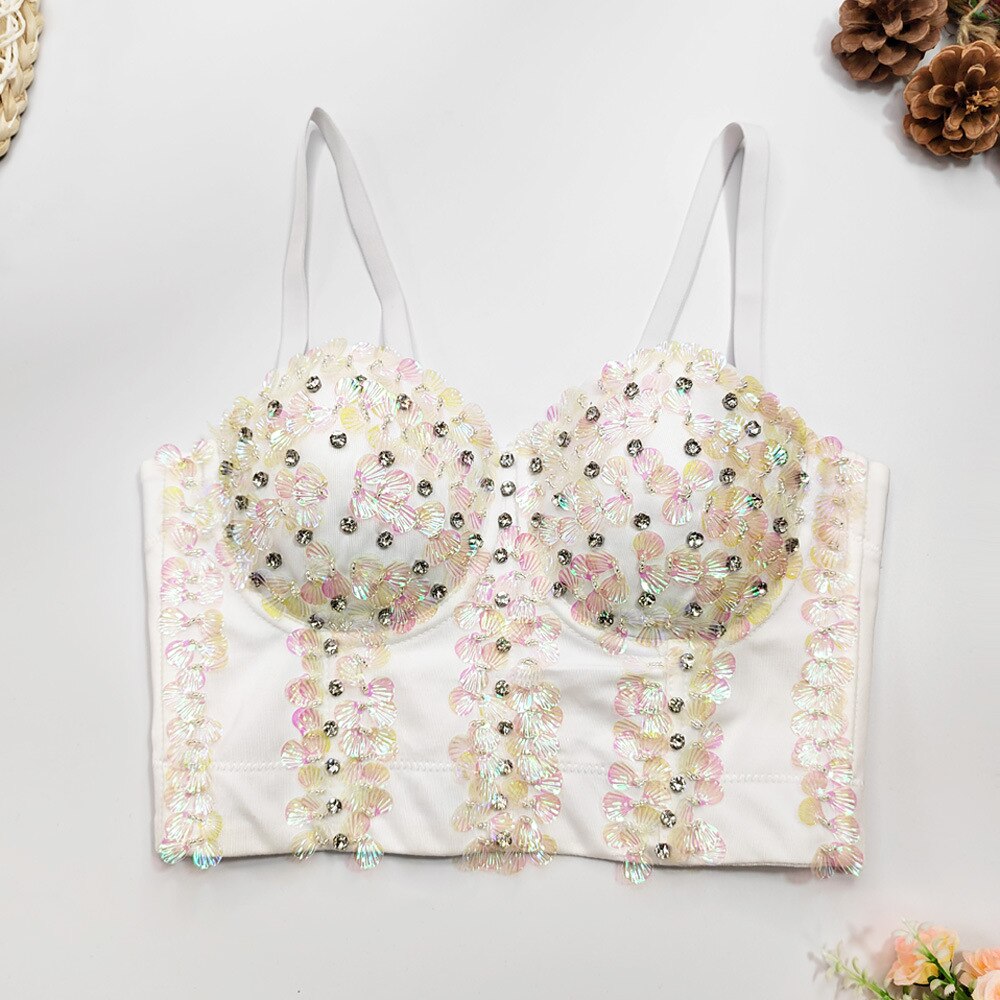 Sexy Corset With Cups Rhinestone Sequins Party Short Women Camis Crop Top In Bra Cropped YH8300