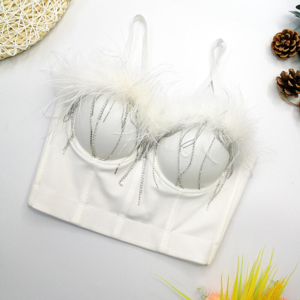 Autumn Feather Rhinestones Women Corset Camis Cropped Sexy Party Push Up Bustier Crop Top With Cups To Wear Out