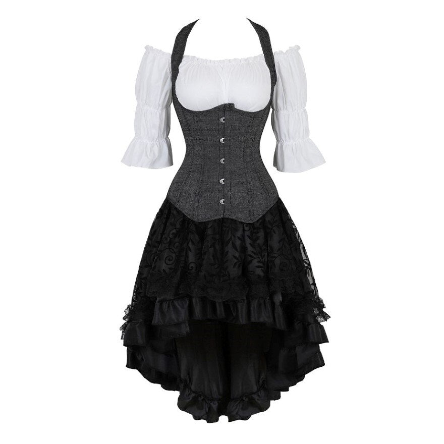 Gothic Skirt Set Underbust Corset Asymmetrical Floral Lace Skirt with Renaissance Blouse Three-Pieces Outfits Plus Size