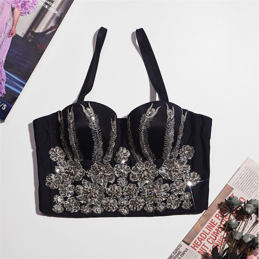 Sexy Slim Beads Acrylic Women Corset Crop Top Built in Bra To Wear Out Off Shoulder Camis Clothes