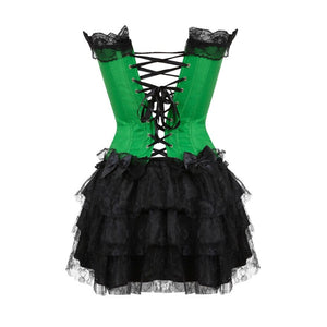 Women Sexy Lace Trim Corset Dress Victorian Vintage Floral Slim Overbust Corset Bustier Lingerie Top With Mini Pleated Skirt Set
