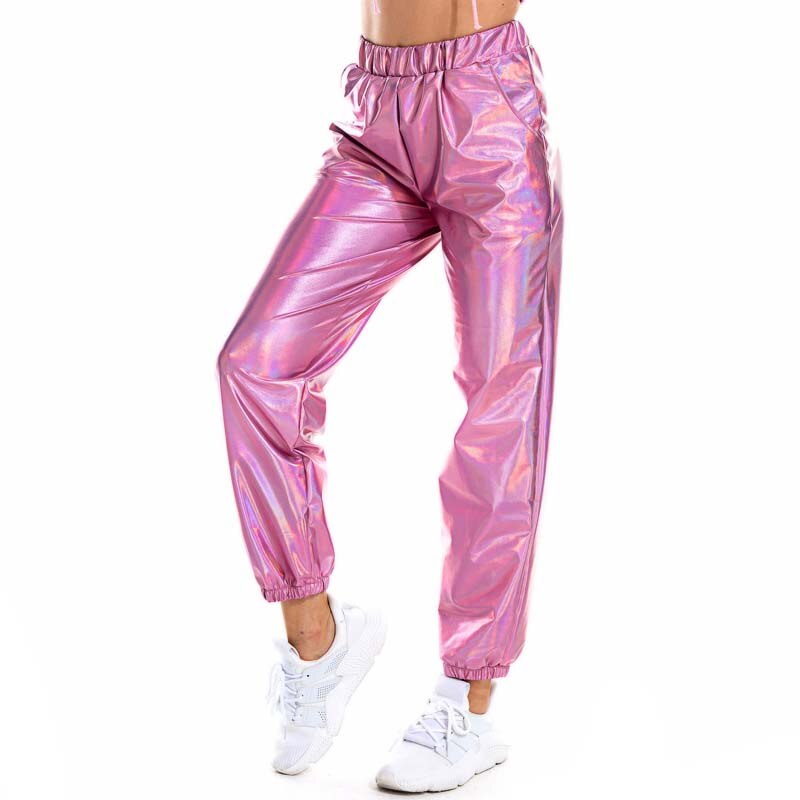 Fashion (A)Women Shiny Flare Trousers Laser Metallic Wetlook