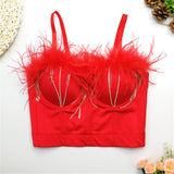 Autumn Feather Rhinestones Women Corset Camis Cropped Sexy Party Push Up Bustier Crop Top With Cups To Wear Out