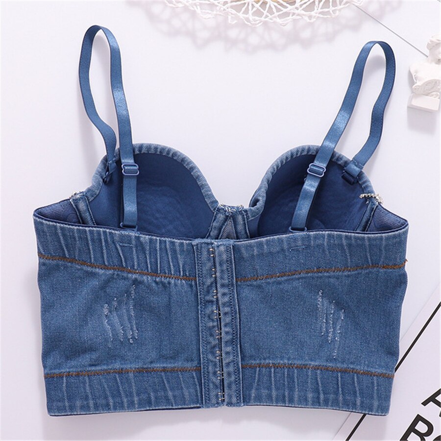 New Performance Sexy Tassel Rhinestones Crop Top Women Harajuku Denim Camis Tops With Built In Bra Push Up Bralette