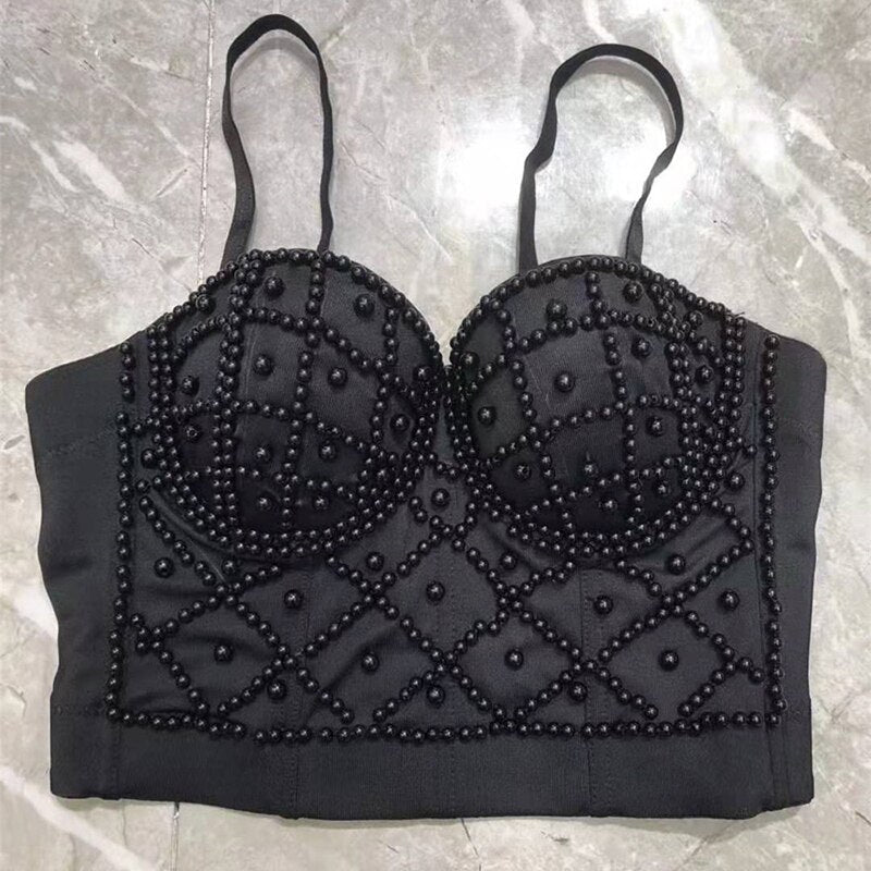 Imitation Pearls Camisole Sleeveless Adjustable Camis Crop Tops Women Party Clubwear