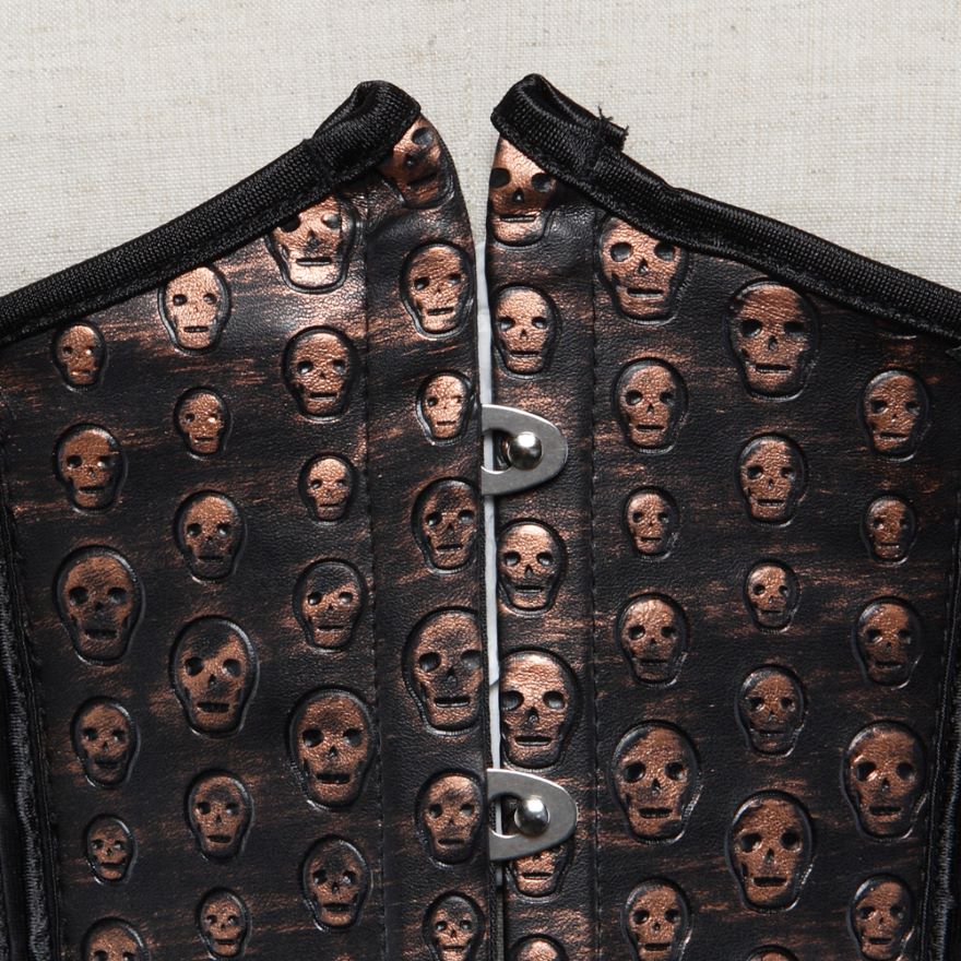 Steampunk Skull Print Faux Leather Underbust Corset Women Sexy Slim Body Shaper Corset Bustier Lingerie Top Pirate Costume Brown