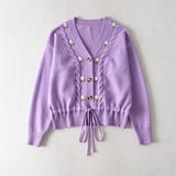 Design Cardigans Coat Sweater Women V-Neck Button Sweet Floral Embroidery Knit Cropped Tops