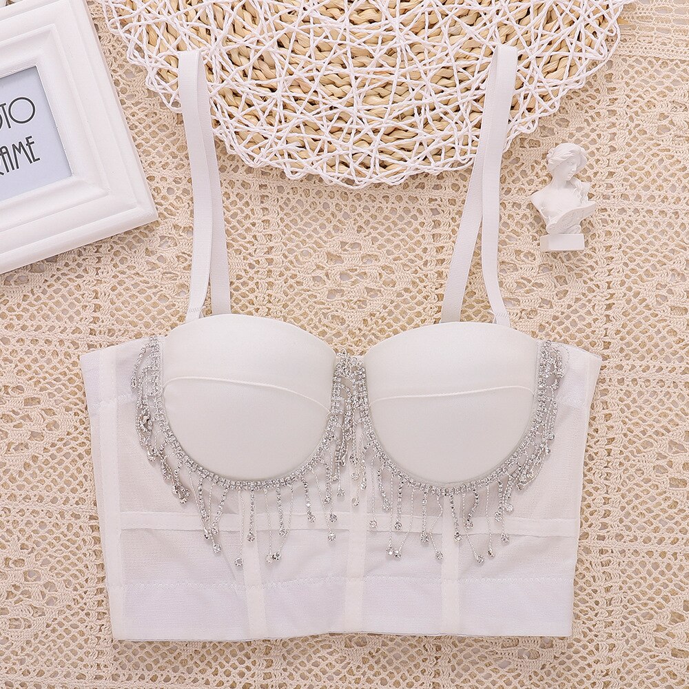 Sexy Beaded Tassel Rhinestone Women Camis Cropped Top Corset Crop Top To Wear Out Push Up Bustier Bra