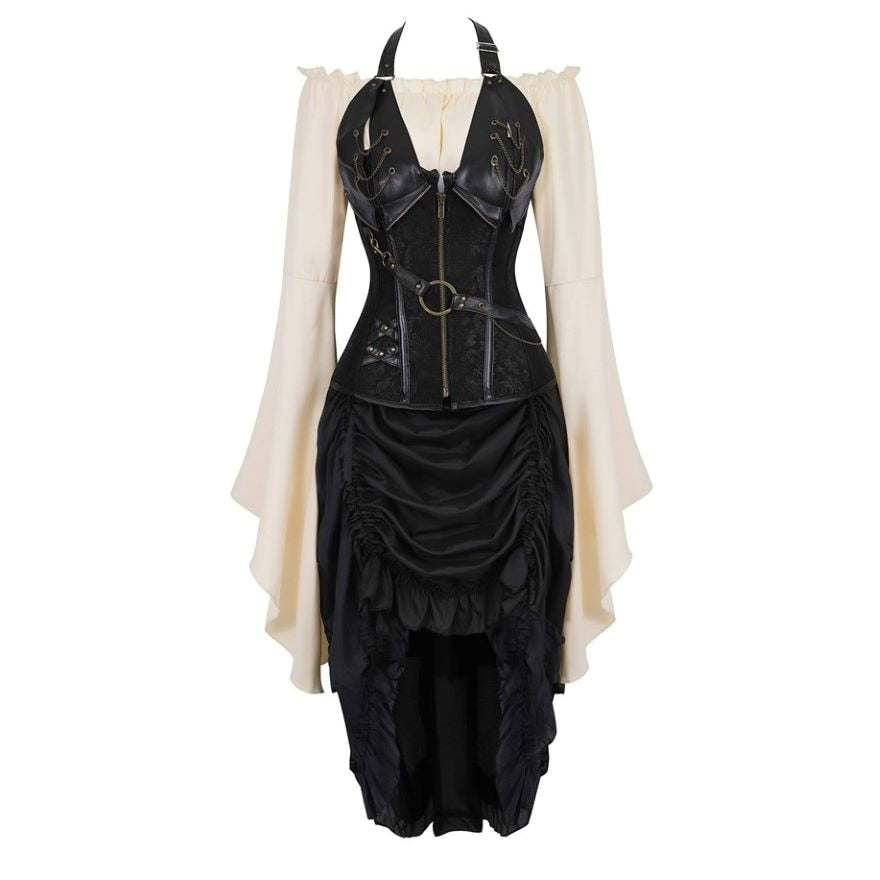 Gothic Corset Dress Sexy Leather Corset Bustier Lingerie Renaissance Blouse Steampunk Irregular Pirate Skirt Set Plus Size S-6XL