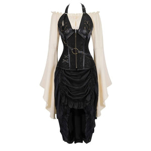 Gothic Corset Dress Sexy Leather Corset Bustier Lingerie Renaissance Blouse Steampunk Irregular Pirate Skirt Set Plus Size S-6XL