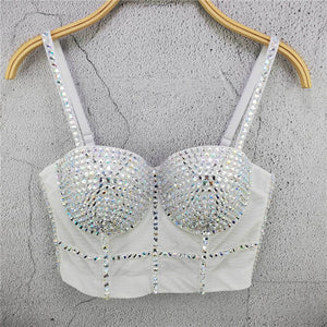 Mesh Camis Summer Short Crop Tank Top Rhinestone Nightclub Top With Built In Bra Sleeveless Corset Off Shoulder Women Clothes
