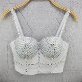 Mesh Camis Summer Short Crop Tank Top Rhinestone Nightclub Top With Built In Bra Sleeveless Corset Off Shoulder Women Clothes