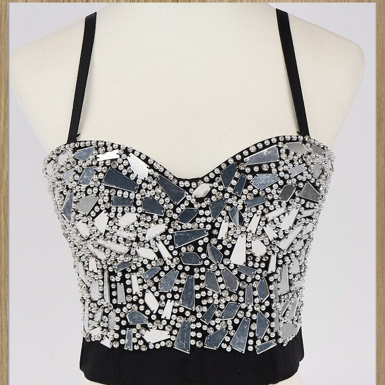 Sexy Beaded Diamond Sequins Women Camis Corset Crop Top To Wear Out Push Up Bustier Bra