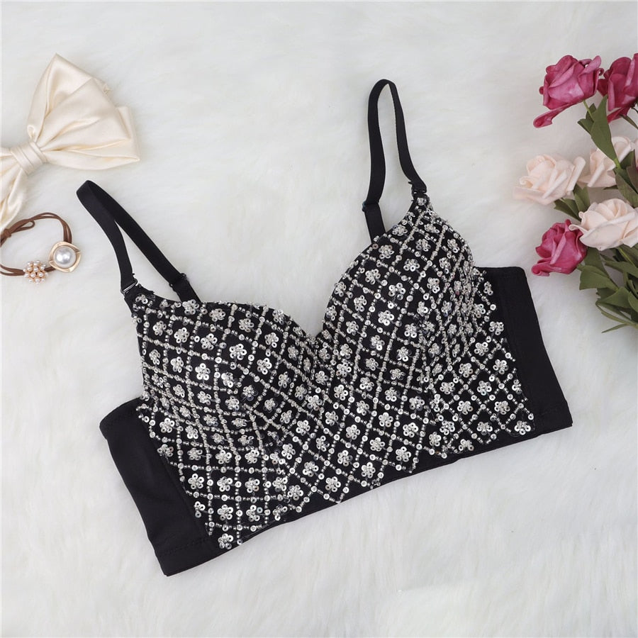 Sequins Beaded Top Short Sexy Push Up Chest Nightclub Party Crop Top Off Shoulder Camis With Built In Bra