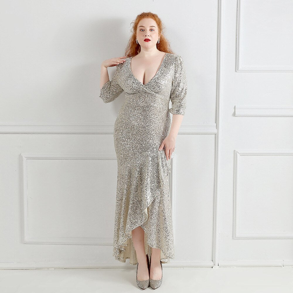 Plus Size Women Sexy V-Neck Party Maxi Dress Half Sleeve Prom Gold Sequin Ruffles Evening Dress