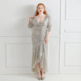Plus Size Women Sexy V-Neck Party Maxi Dress Half Sleeve Prom Gold Sequin Ruffles Evening Dress