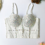 Sexy Crop Top Built In Bra Acrylic Shine Nightclub Party Women Top With Cups Push Up Bralette Female Corset Mesh Camis