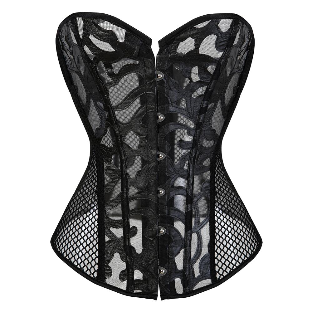 Women Sexy Transparent Hollow Net Overbust Corset Waist Training Slim Lace Up Corsets Bustiers Lingerie Top Plus Size S-6XL