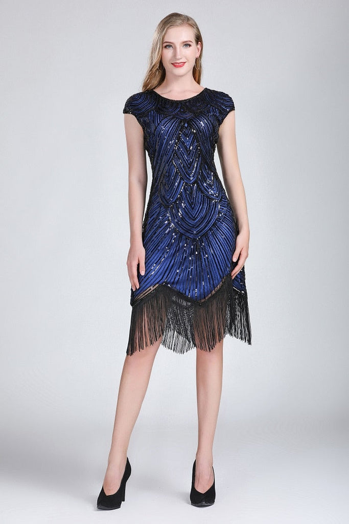 1920s Vintage Flapper Party Art Deco Great Gatsby Dress Shiny O-Neck Cap Sleeve Sequin Bead Fringe Embellished Dress