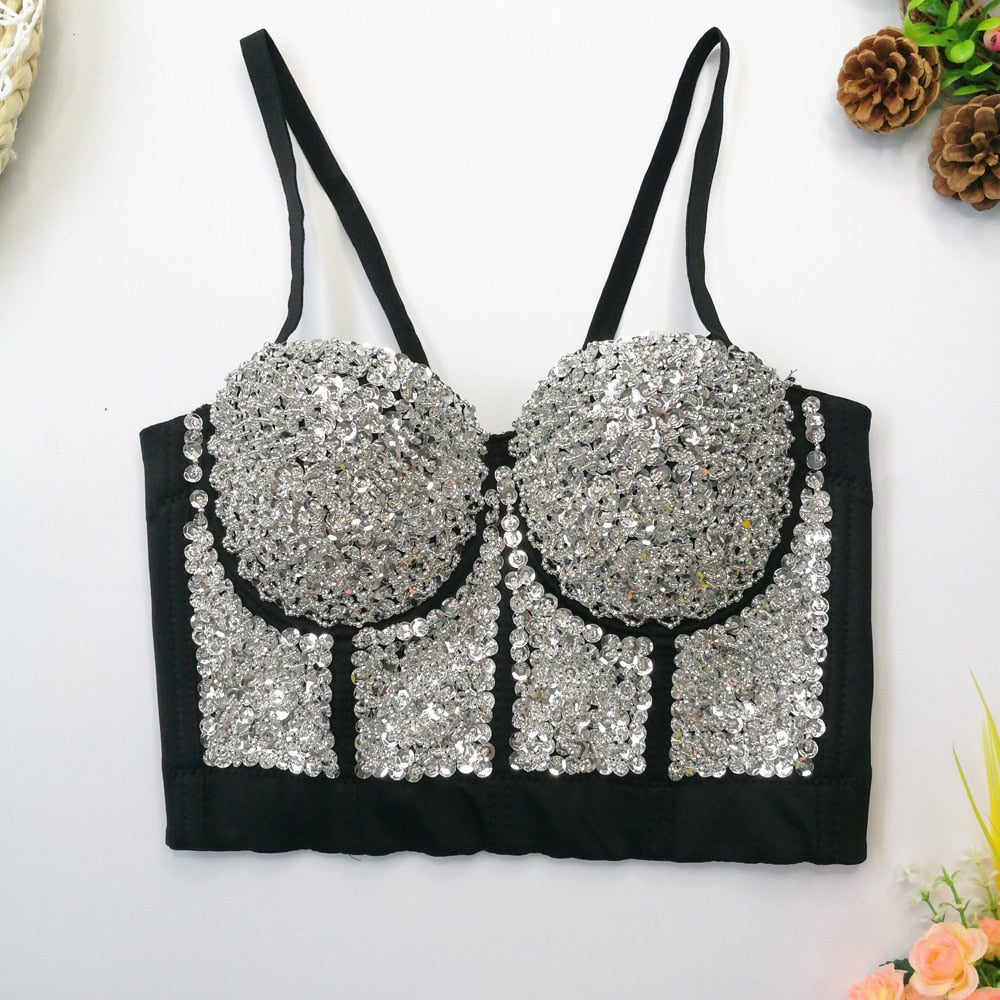 Sexy Bright Beading Sequins Nightclub Push Up Bralette Bra Cropped To Wear Out Corset Camis Crop Top